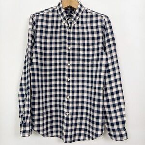 Banana Republic Men Navy & White 100% Linen Plaid Long Sleeve Shirt Size‎ Large